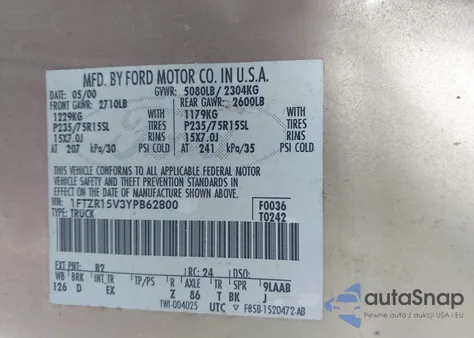 2000 Ford Ranger Xl/Xlt z USA, uszkodzony, nr VIN 1FTZR15V3YPB62800